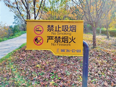 湖北宜昌城东公园,园内多处设有写着"禁止吸烟 严禁烟火"的指示牌