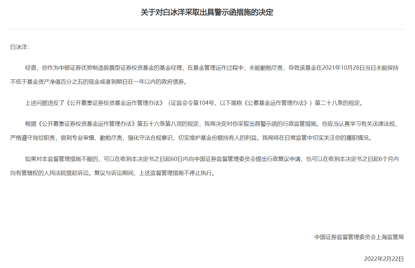 表：上海证监局3月17日出具对白冰洋的警示函  来源：上海证监局网站