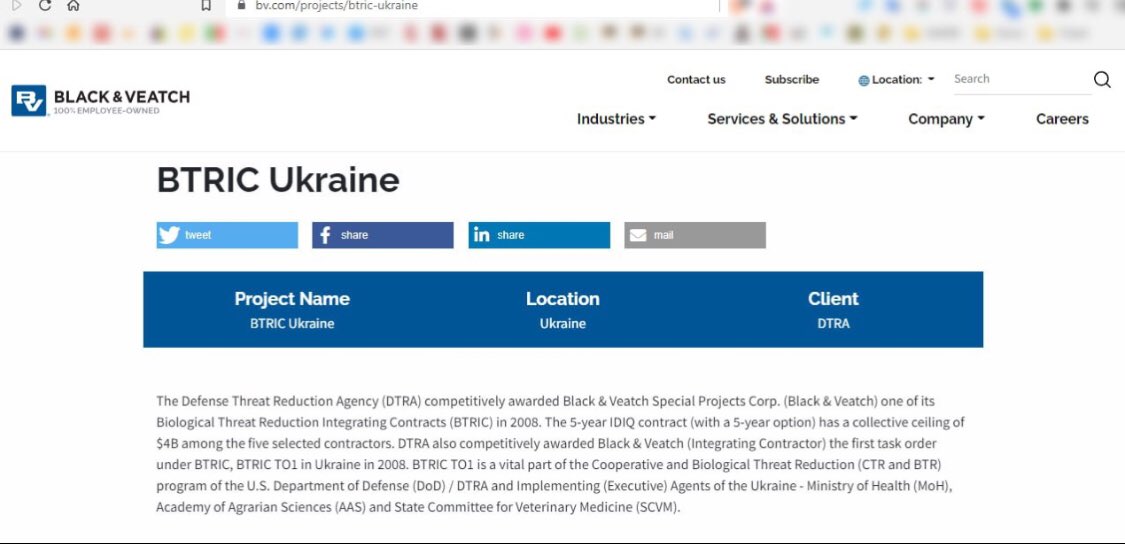 在Black & Veatch自己的网站上,就清楚地写着它与DTRA的关系,图片来源:推特