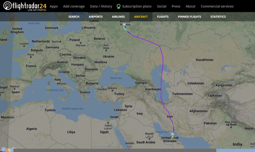 飞行数据显示RA-02857在3月17日飞往阿联酋。