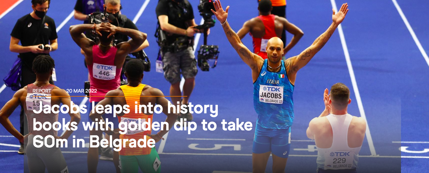 在男子60米决赛中,东京奥运会百米冠军雅各布斯绝杀2019年多哈世锦赛