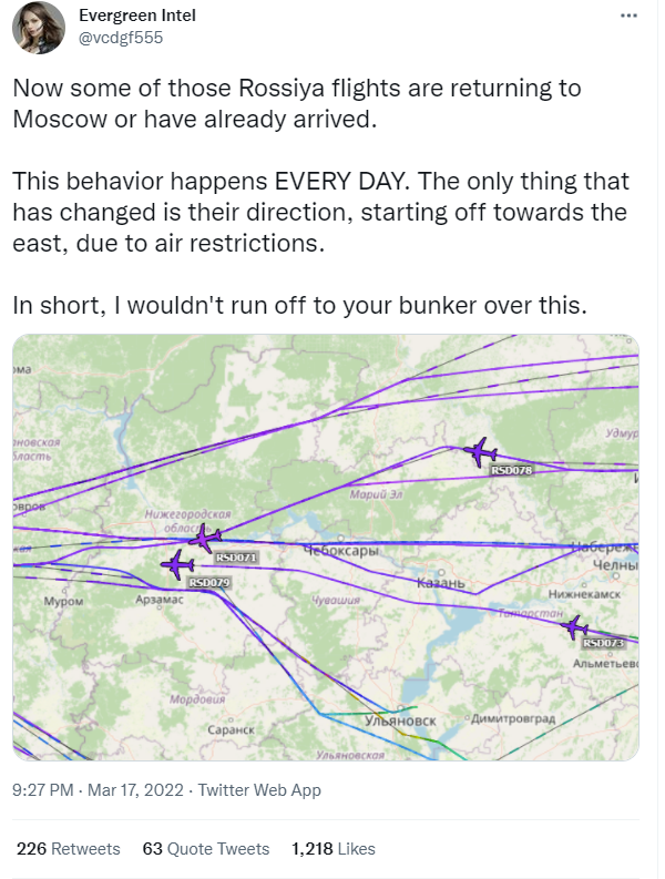 @vcdgf555称俄罗斯空军或国家航空特种飞行中队从莫斯科起飞再飞回的情况每天都存在。