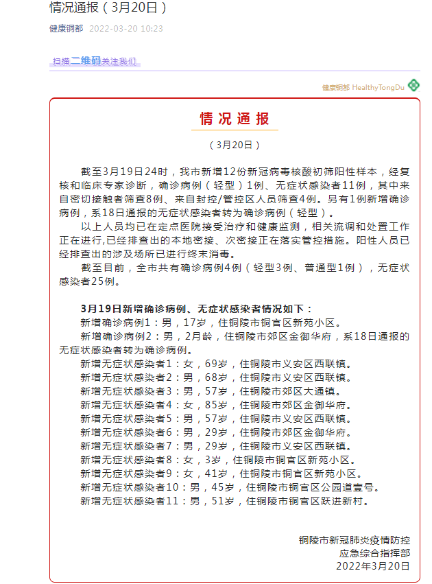 安徽铜陵新增确诊病例2例无症状感染者11例