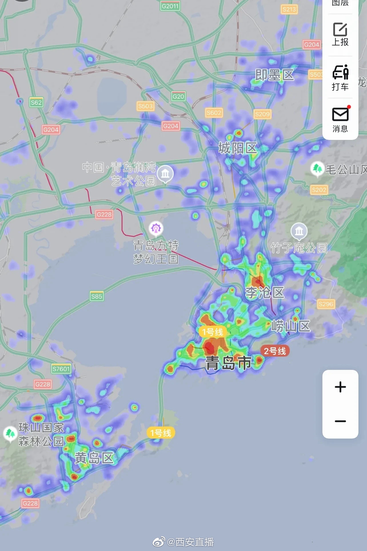 晚上九点左右的热力图竟然比青岛大三倍