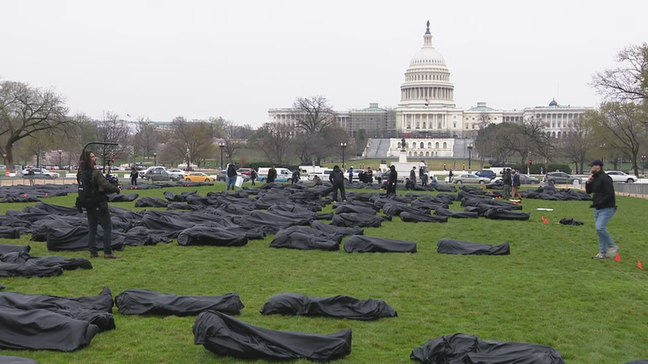 为呼吁控枪华盛顿国家广场上摆了1100个裹尸袋