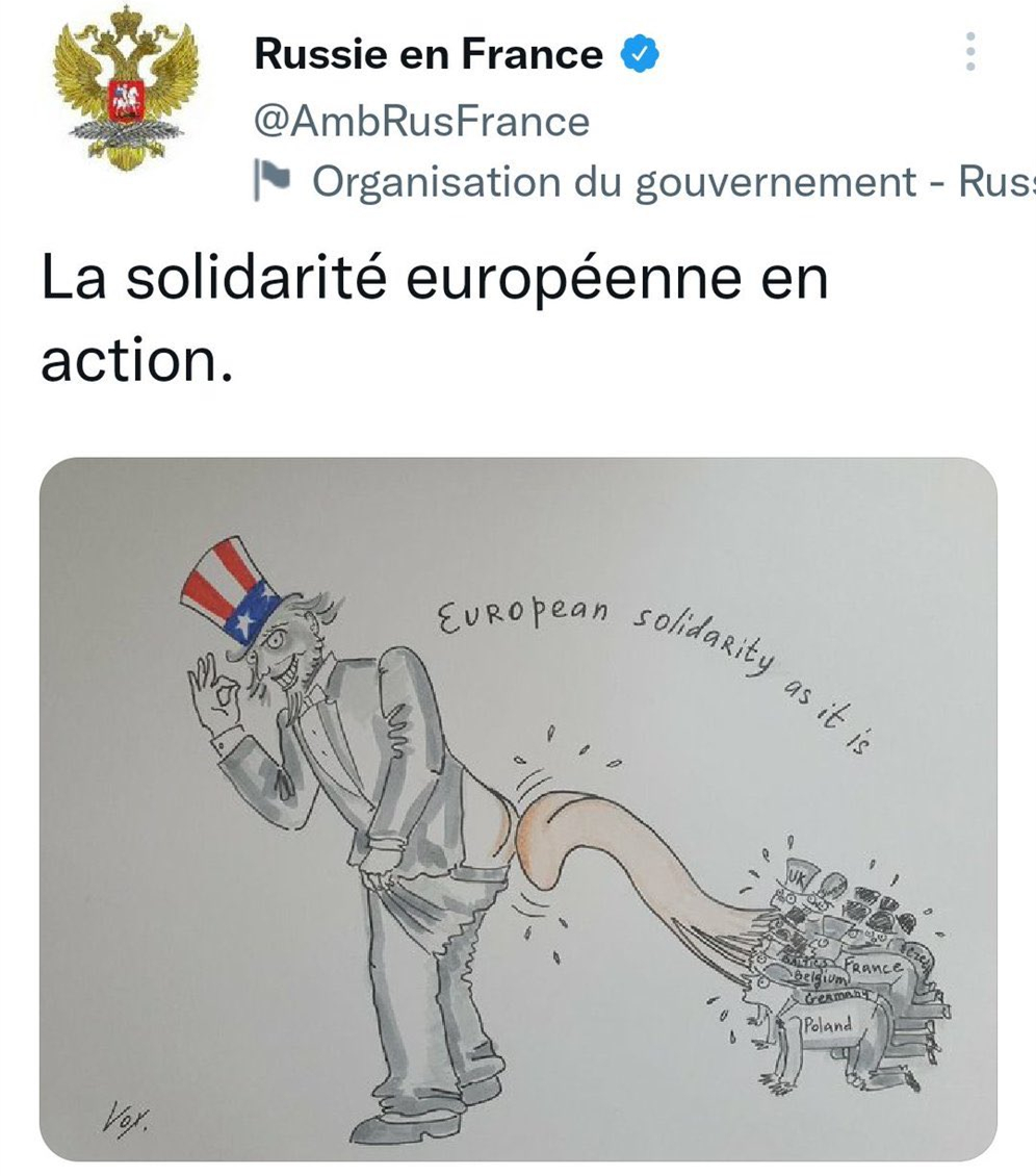 俄罗斯驻法大使馆发了张欧洲舔美讽刺漫画法国外交部气得召见大使抗议