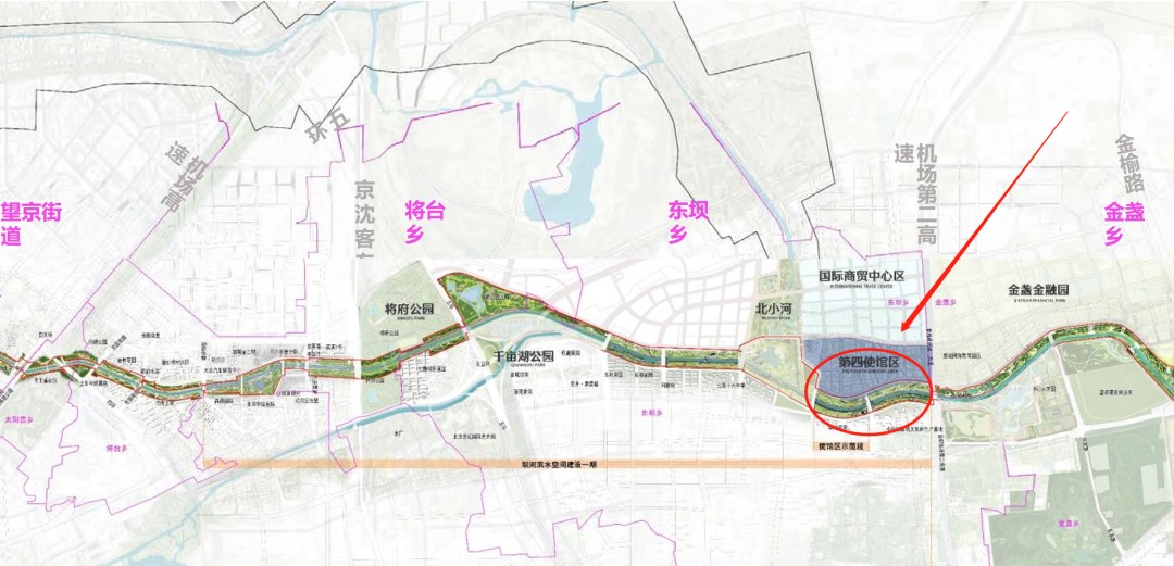 坝河滨水空间建设一期工程(使馆区东区段)西起规划天苇路,东至机场二