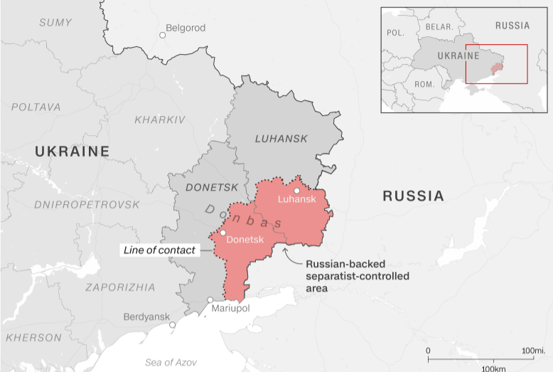 “卢甘斯克人民共和国”和“顿涅茨克人民共和国”范围（红色部分）