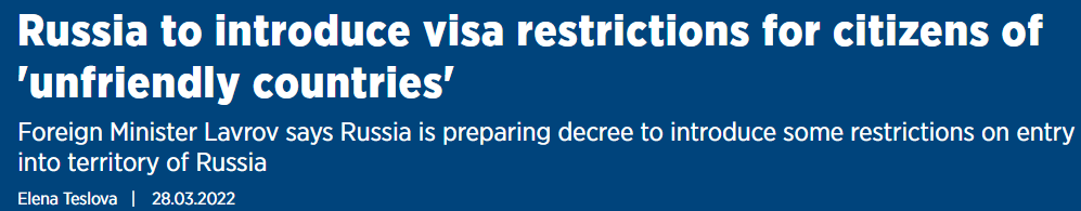 俄外长拉夫罗夫：俄罗斯将对不友好国家公民施加签证制裁休闲区蓝鸢梦想 - Www.slyday.coM