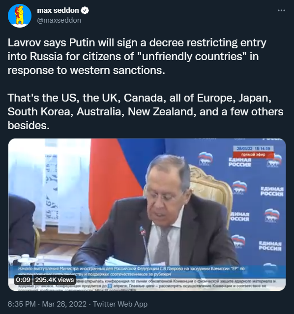 俄外长拉夫罗夫：俄罗斯将对不友好国家公民施加签证制裁休闲区蓝鸢梦想 - Www.slyday.coM