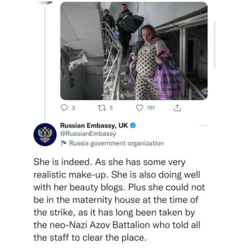 俄驻英大使馆反驳西方关于“孕妇遭俄军轰炸”事件。图片来源：推特页面截图。