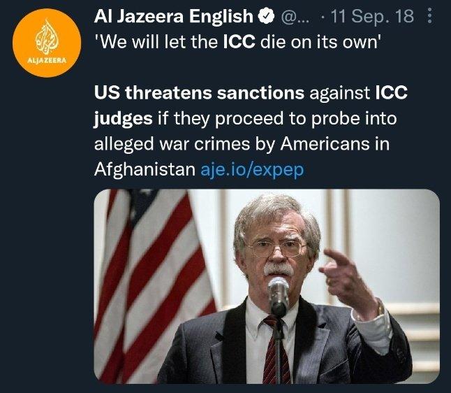 美国威胁，如国际刑事法院调查美在阿富汗战争罪行指控，将制裁该机构官员。图片来源：卡塔尔半岛电视台报道截图。