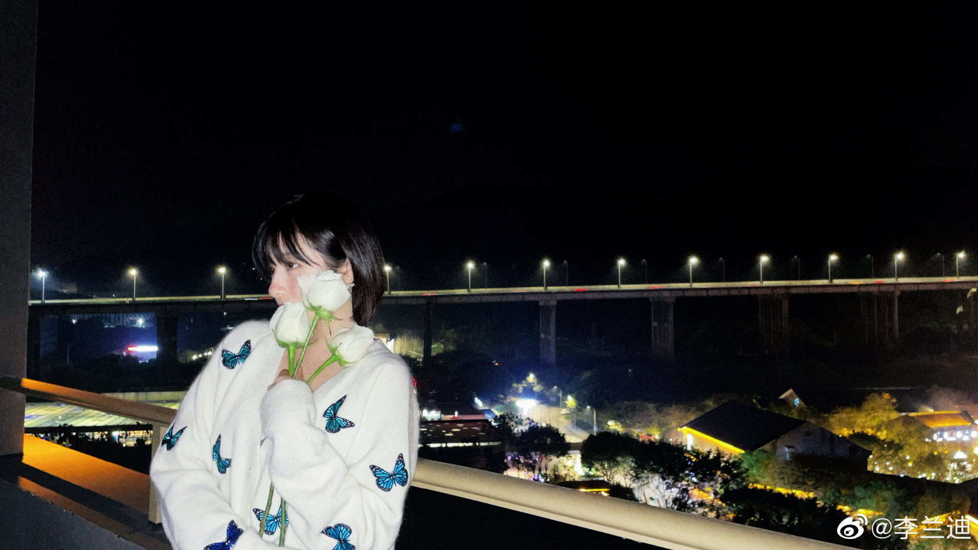 李兰迪的夜景自拍氛围感十足, 手持白玫瑰,晚风吹起