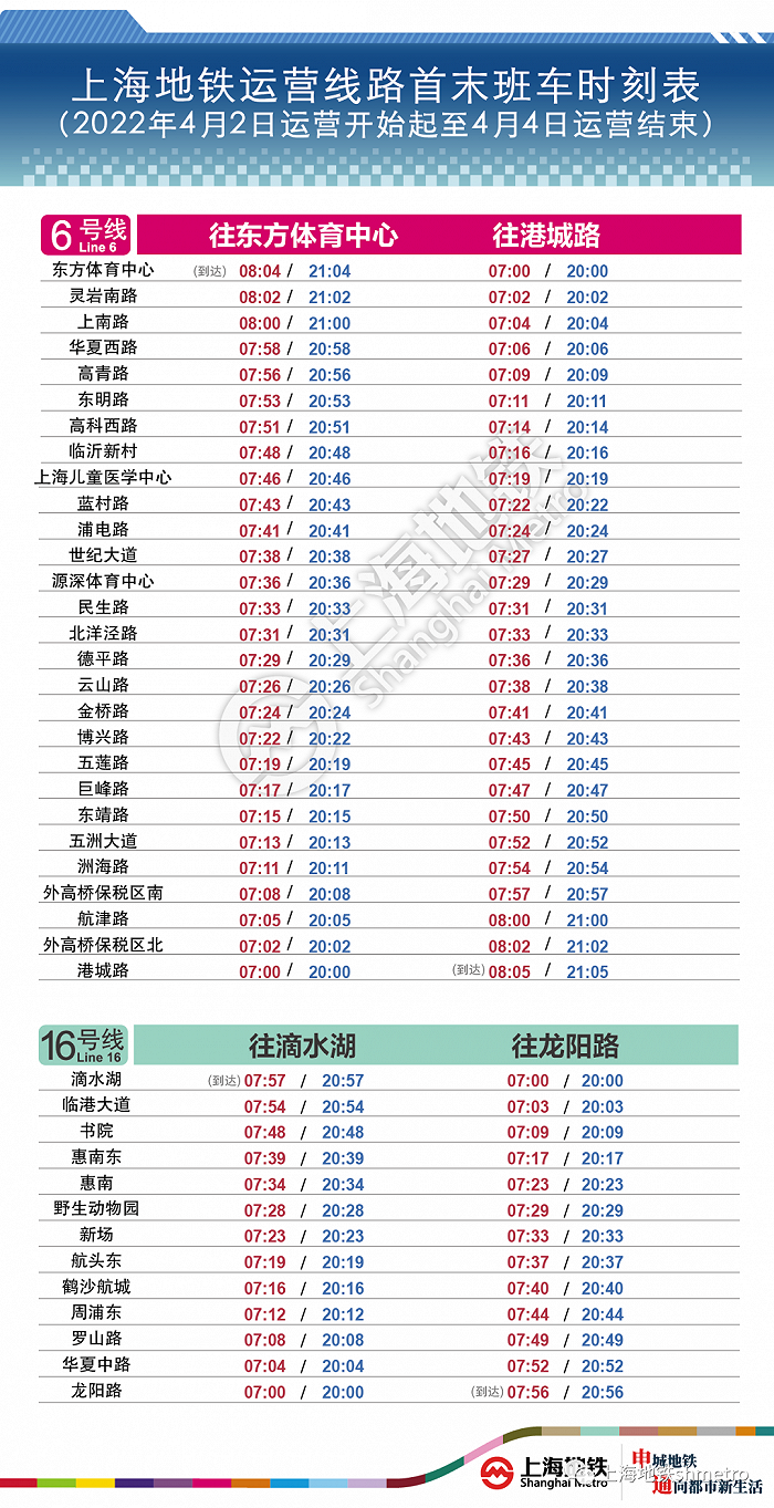 上海地铁：4月2日至4日6、16号线运营时间调整为7至20时，其他线路暂停运营休闲区蓝鸢梦想 - Www.slyday.coM