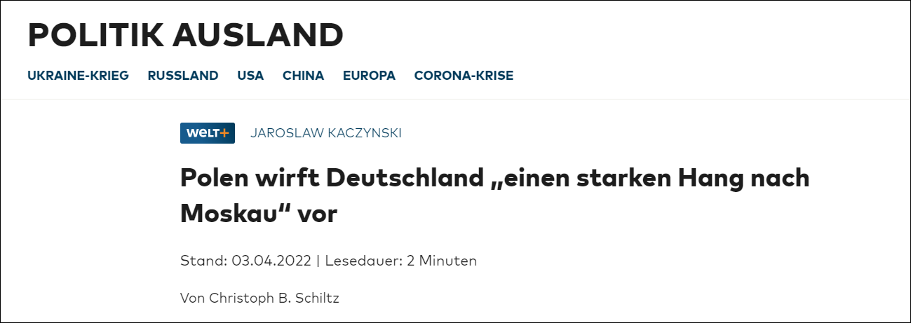 德国《世界报》：波兰指责德国“强烈偏袒莫斯科”