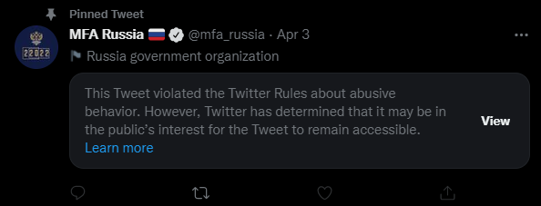 俄就“布恰事件”发推文被“屏蔽” 乌方推特“安全”