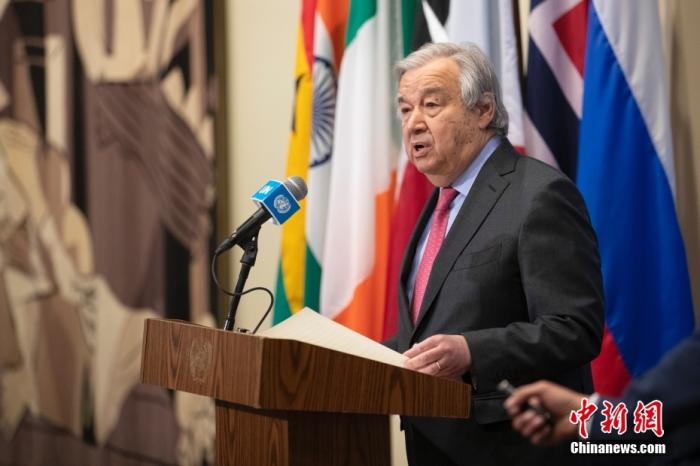 当地时间3月14日,联合国秘书长古特雷斯就乌克兰局势发表讲话。中新社记者 廖攀 摄