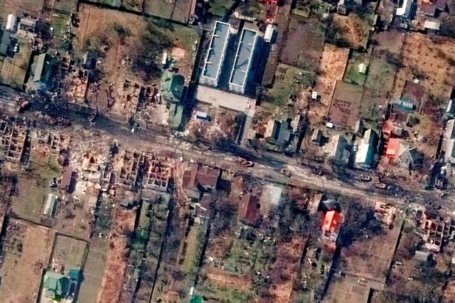 乌克兰布恰镇的卫星图像。图片来源： 马克萨尔科技公司（Maxar Technologies）。
