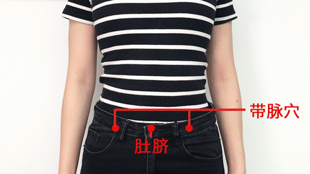 动作5提捏"带脉":双手抓住腰两侧的肉,向外侧,向上提捏(大拇指的位置