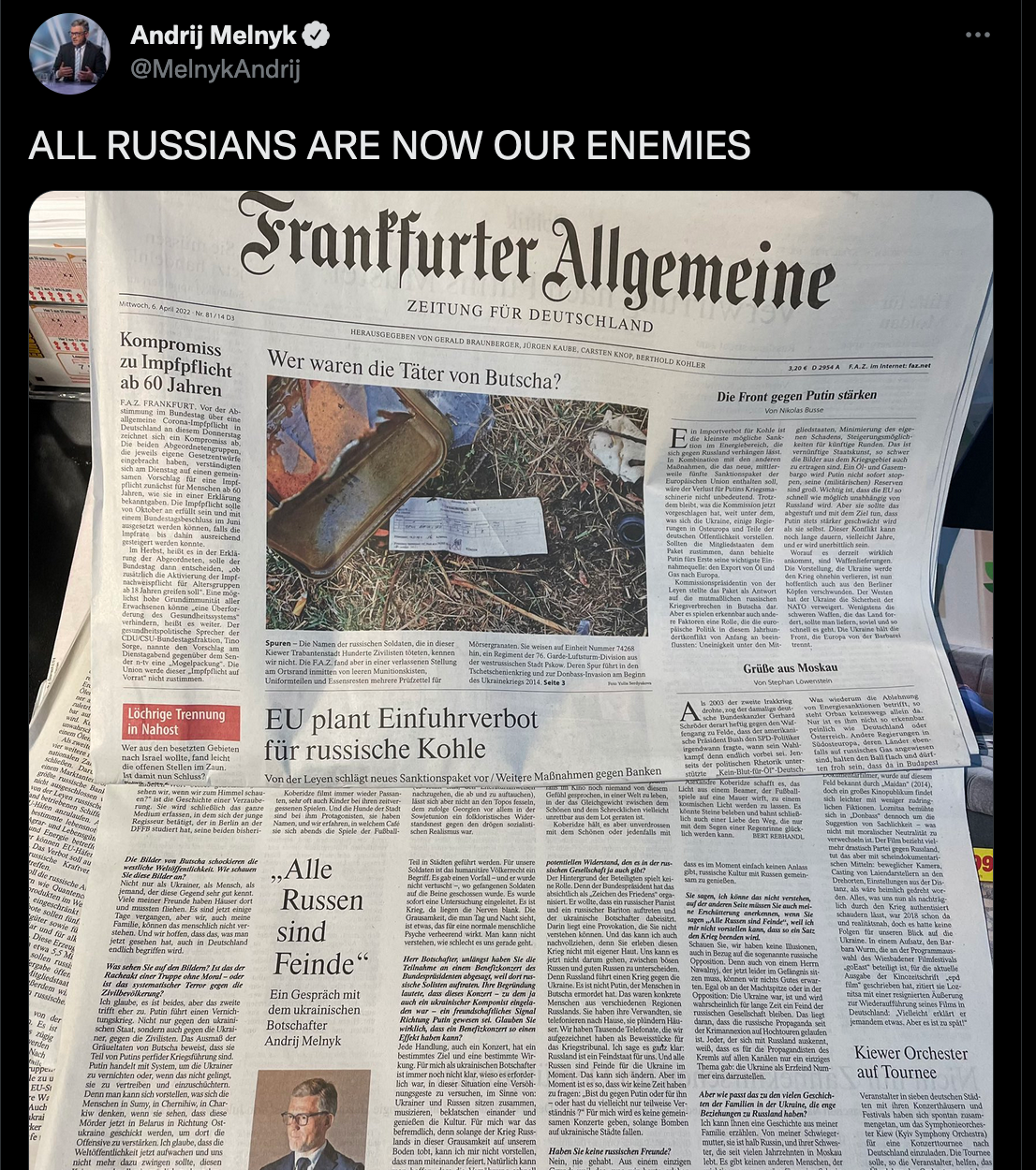 梅尔尼克在推特上发布了自己专访的报纸报道