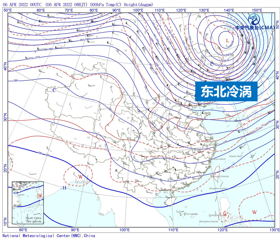 从500百帕天气图上看到的东北冷涡（4月6日8时）。图片来源于中央气象台
