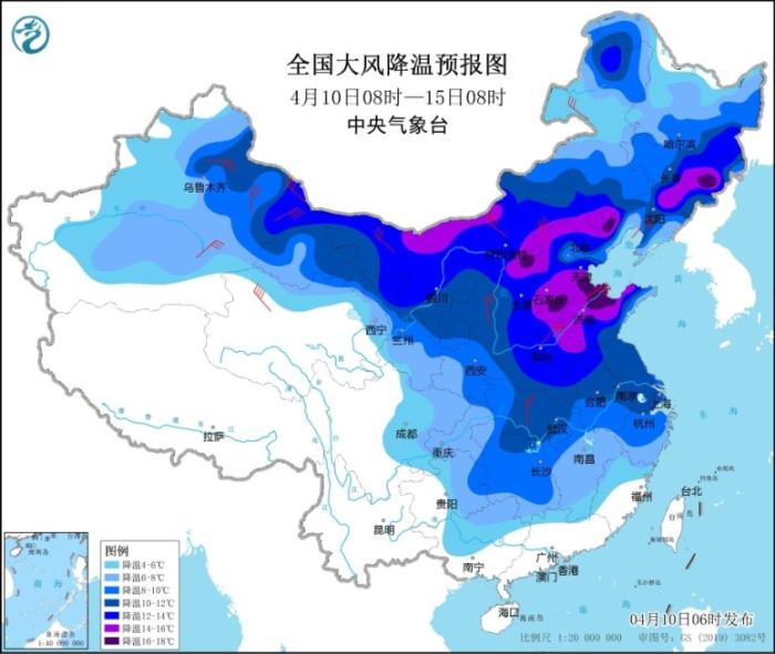 全国大风降温预报图(4月10日8时-15日8时)。图片来源：中央气象台网站