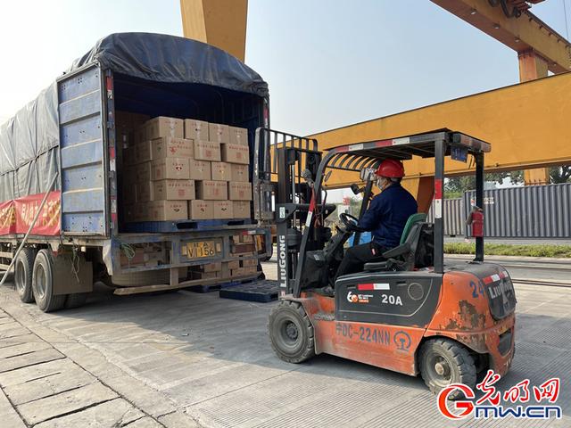 图为南宁国际铁路港作业人员做好物资卸车装箱工作.陈星宇/摄