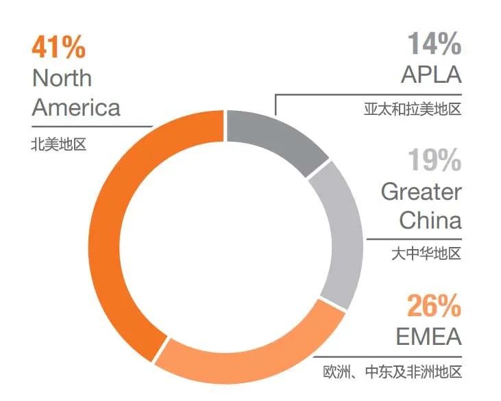 2020财年耐克各区域营收贡献占比。图源：耐克2020年财报；翻译/辛晓彤