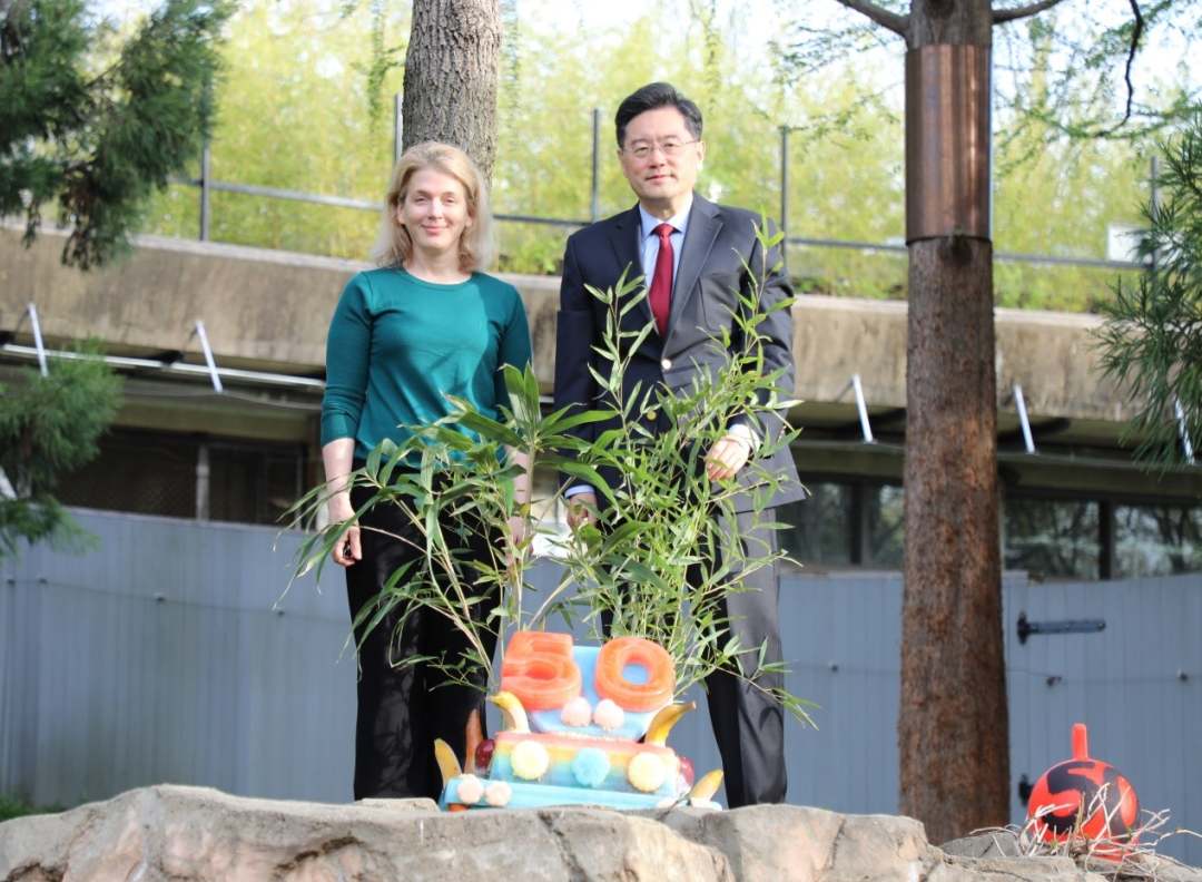中国驻美国大使秦刚（右）与史密森学会国家动物园主管布兰迪•史密斯出席活动。 李志伟摄