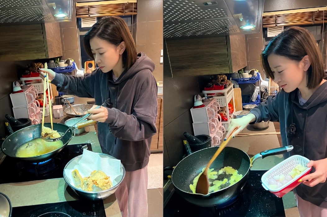 女星佘诗曼在豪宅内做饭灶台上满是油渍显脏乱做错后脸涨通红
