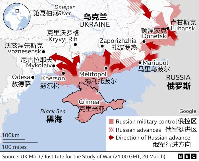 3月20日，俄军在乌军事行动示意图。图片来源：英国国防部/华盛顿智库战争研究所/英国广播公司/谷歌。汉化：中新网 孟湘君