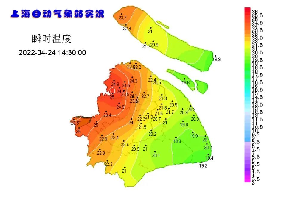 4月25日受江淮气旋影响,预计上海有一次大到暴雨过程,过程雨量30～50