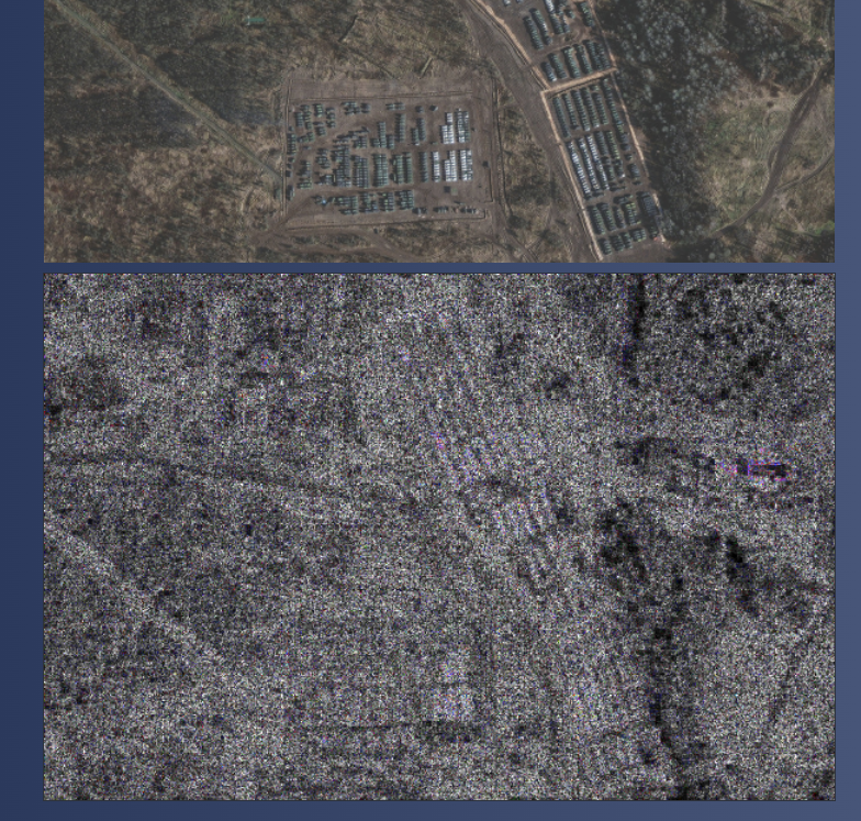 对比之下，MAXAR卫星图片拍摄到的画面中下方部分与其周边相同地理材质和颜色对比条件下图形轮廓显示的亮度基本一致。