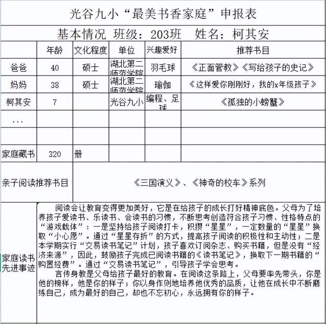 阅读浸润心灵阅读传递梦想光谷九小最美书香家庭