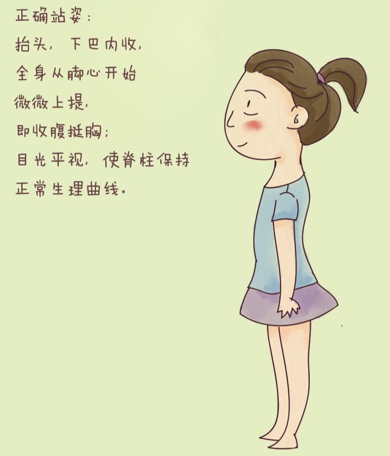 古人说的好,"站如松,坐如钟",站立时应抬头,下巴内收,全身从脚心开始