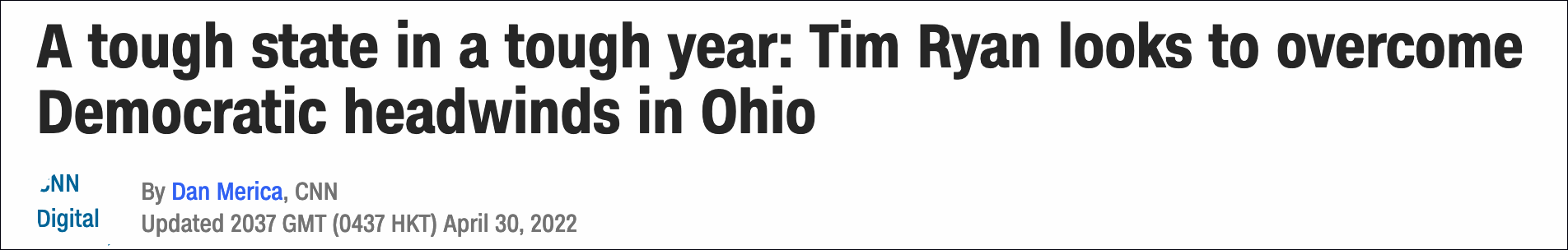CNN：艰难的一年，瑞安希望在俄亥俄州突破民主党面临的阻力