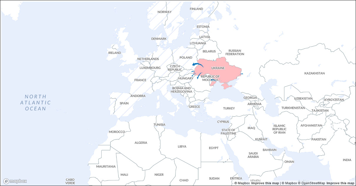 乌克兰难民逃离方向。图片来源：联合国难民署
