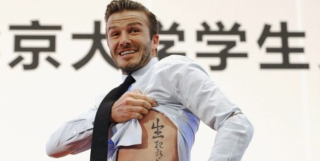 中文刺青贝克汉姆痴迷于刺青,自出道之后就不断在自己身上添加新图案
