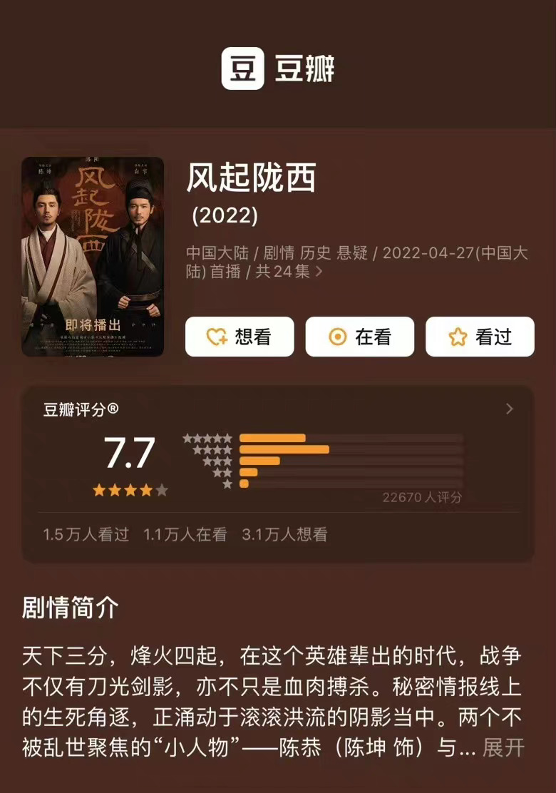 陈坤白宇主演的风起陇西豆瓣开分77分