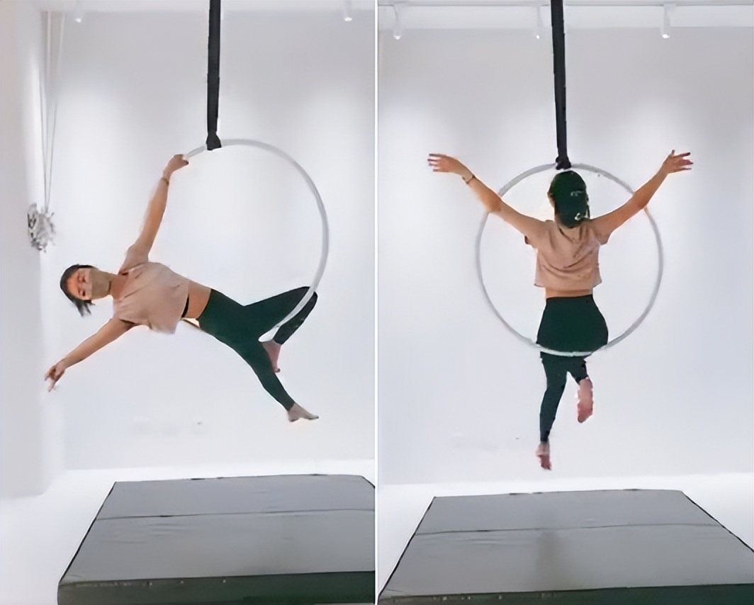 林心如大胆玩空中瑜伽单手吊环身体腾空穿紧身衣曲线完美