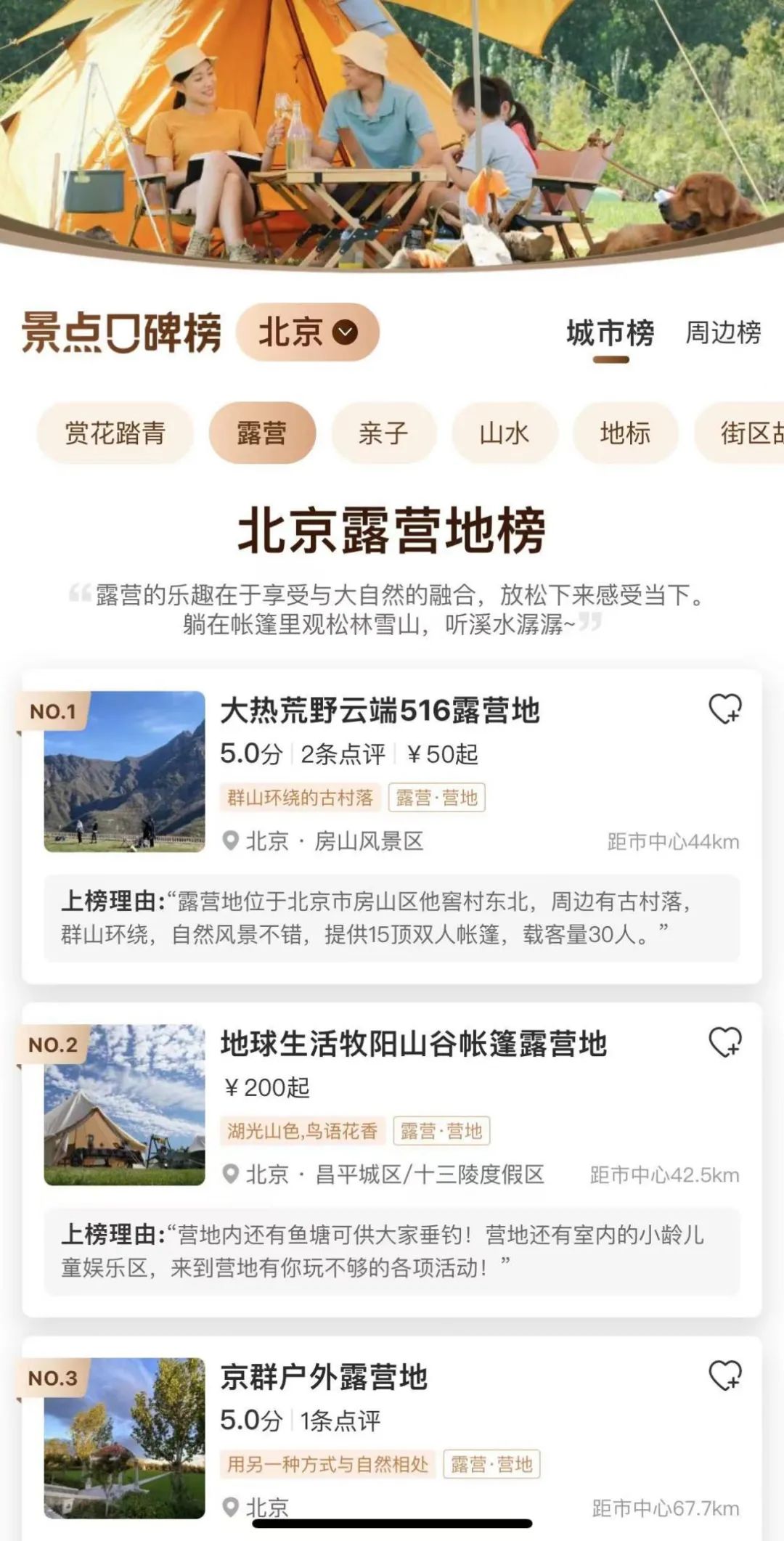 开首:携程北京露营地榜