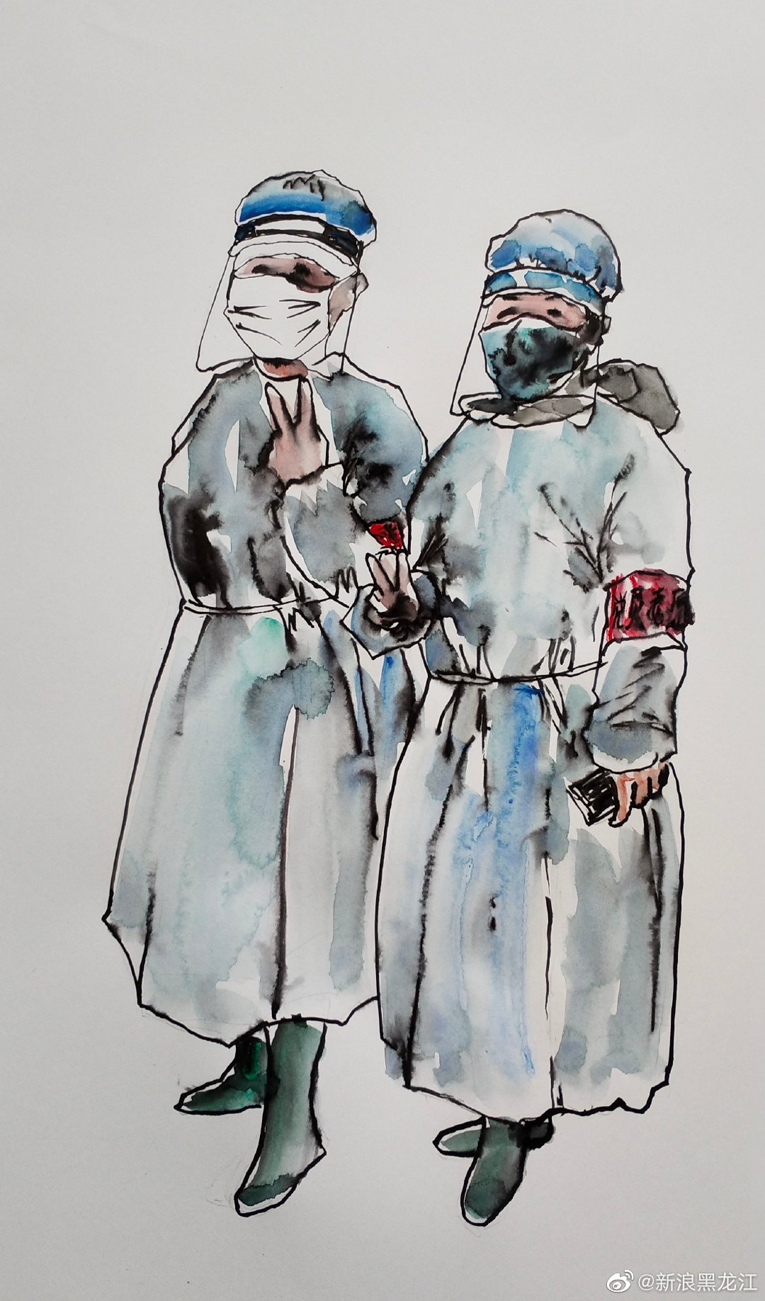 钢笔画描绘抗疫大白