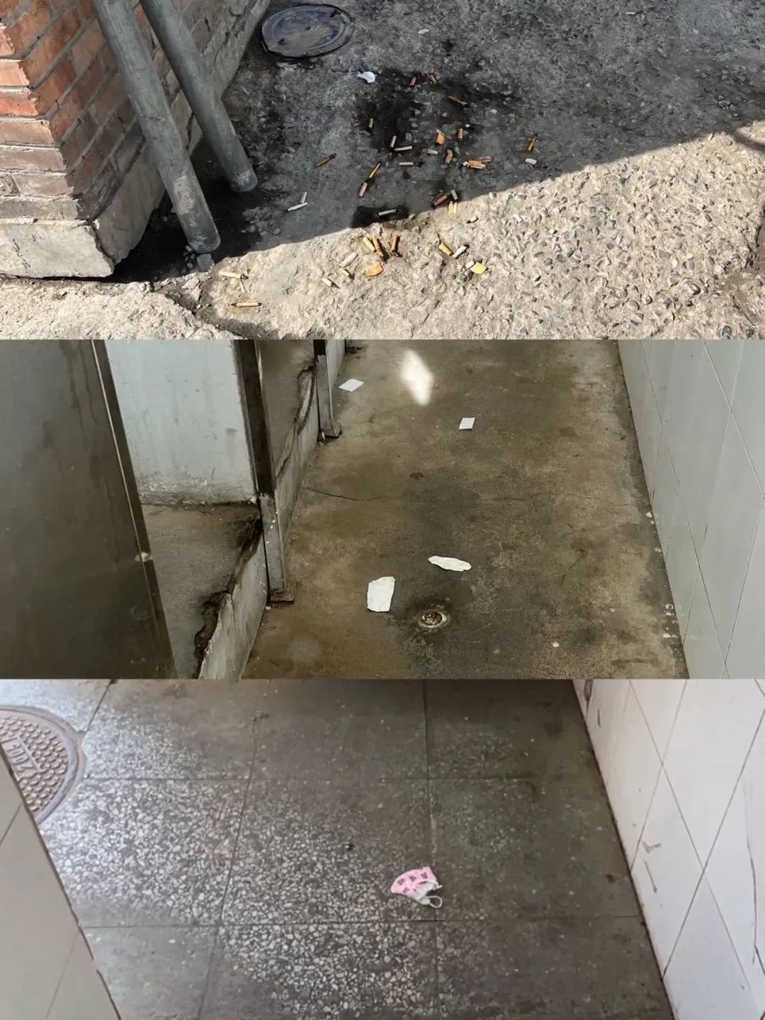 八里桥批发市场公厕地面有烟头和垃圾 / 记者拍摄