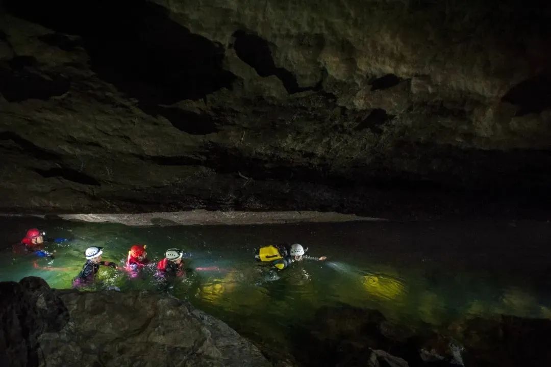 在乐业大石围天坑底部的洞穴，探险队员泅渡地下河。图源：广西日报