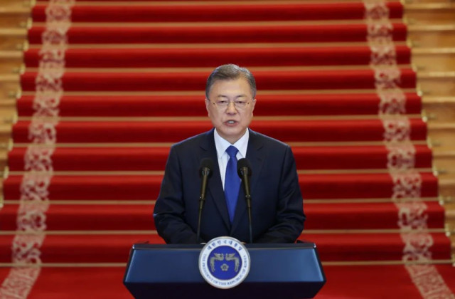 当地时辰2022年5月9日，韩国首尔，韩国总统文在寅在青瓦台发表卸任演说。图/IC photo