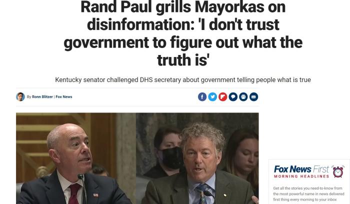 美国参议员兰德·保罗就虚假信息盘问国土安全部长：“我不信政府会弄清真相”。图片来源：福克斯新闻报道截图