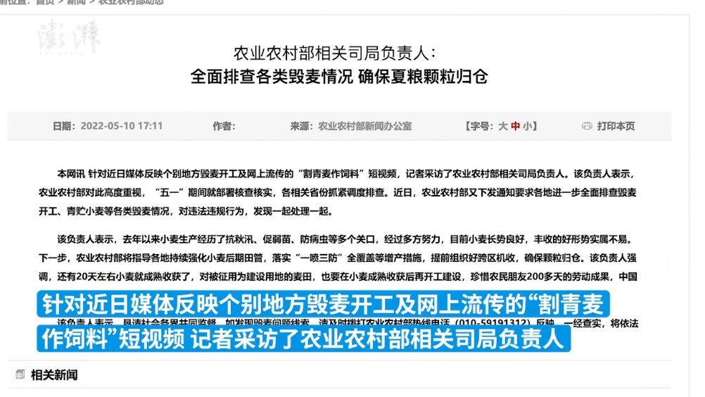 农业农村部要求全面排查各类毁麦情况：违法违规行为发现一起处理一起