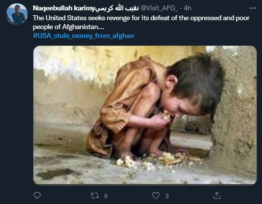 阿拉伯地区网友谴责美国“偷钱”，暗示阿富汗儿童正在挨饿