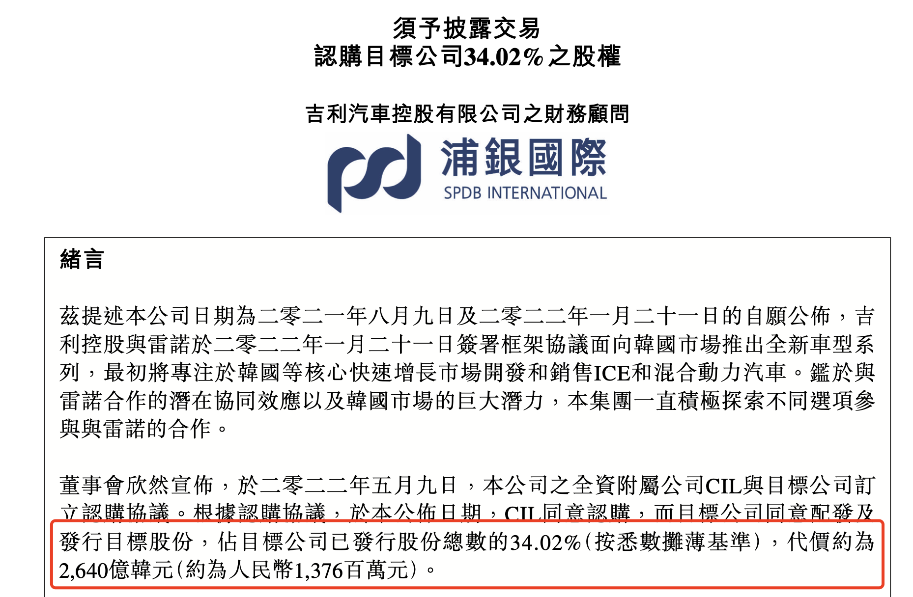 “共同出击韩国市场 吉利豪掷近14亿收购雷诺韩国股权