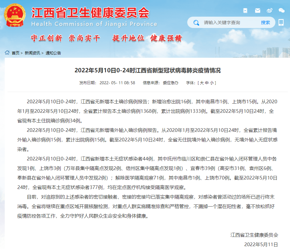 2022年5月10日024时江西省新型冠状病毒肺炎疫情情况